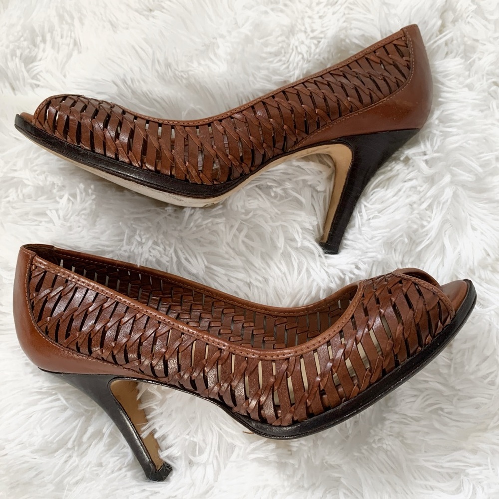 COLE HAAN Brown Woven Leather Peep Toe Pumps
